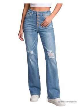 High Waisted Ripped Flare Bell Bottom Jeans Button Fly Stretch